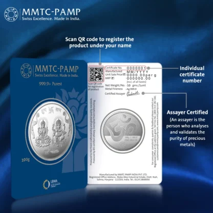 MMTC-PAMP 100 grams Lakshmi Ganesh Silver Coin (999 Purity) - Image 2