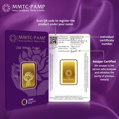 MMTC-PAMP 10 Gram Lotus Gold Bar (24K, 999.9 Purity) - Image 2