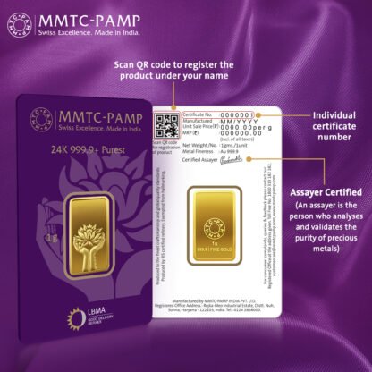 MMTC-PAMP 1 Gram Lotus Gold Bar (24K, 999.9 Purity) - Image 2