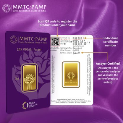 MMTC-PAMP 5 Gram Lotus Gold Bar (24K, 999.9 Purity) - Image 2